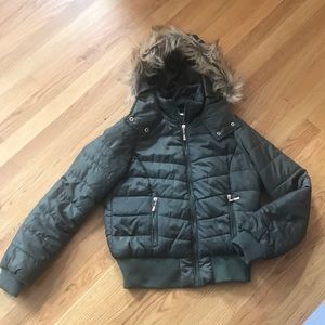 Sale!! Olive Green short coat with fur-edged hood